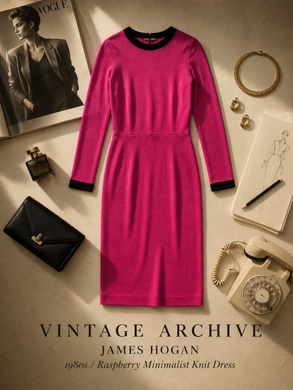 James Hogan Vintage Hot Pink Knit Dress Made USA Black Trim Size 8